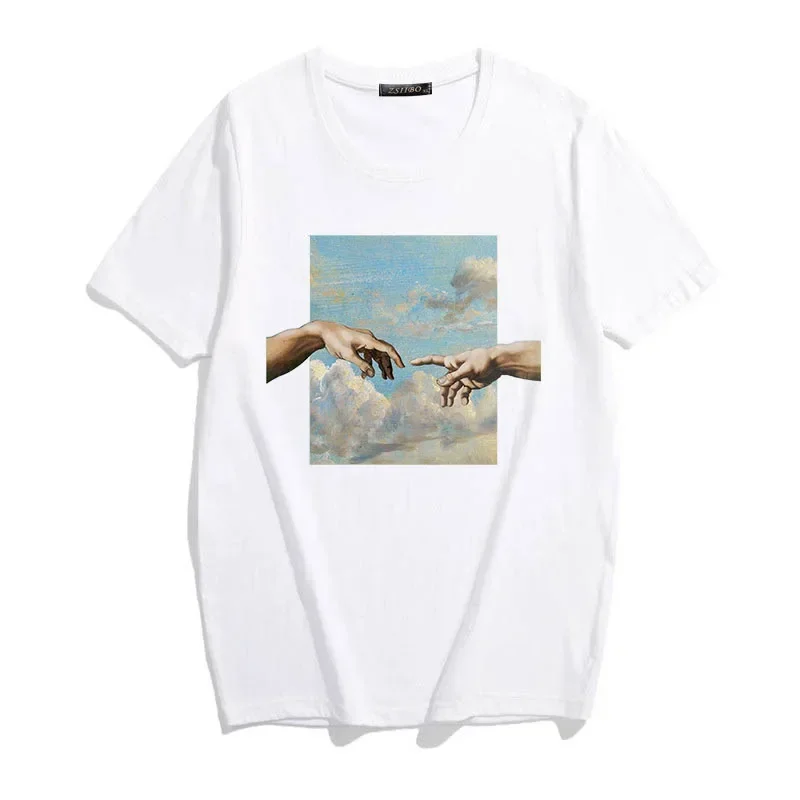 原宿女性 Tシャツミケランジェロ美的半袖 Tシャツ油絵スカイプリントトップ女性服ユニセックス服 Y2k