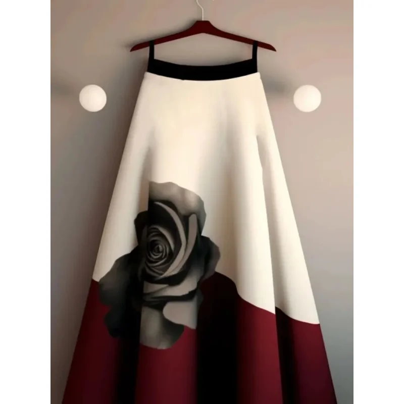 Vintage Rose Print Skirt for Women Spring Autumn New Mid-length Faldas Mujer Y2k E-Girl High Waist A-line Skirt for Women