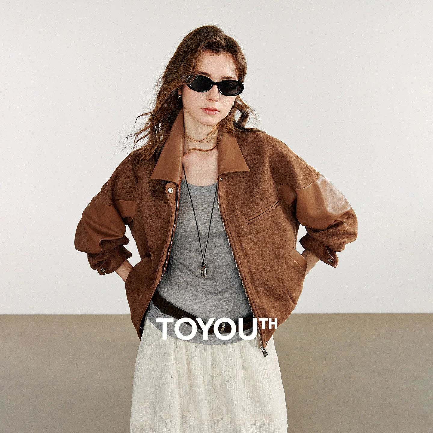 

TOYOUTH Women Leather Jacket 2025 Autumn New Nomadic Style Retro Suede PU Leather Splicing Jacket Coat