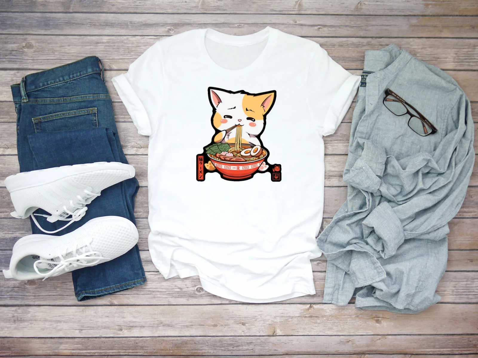 

Белая мужская футболка с коротким рукавом Noodle Cat Ramen Neko F282