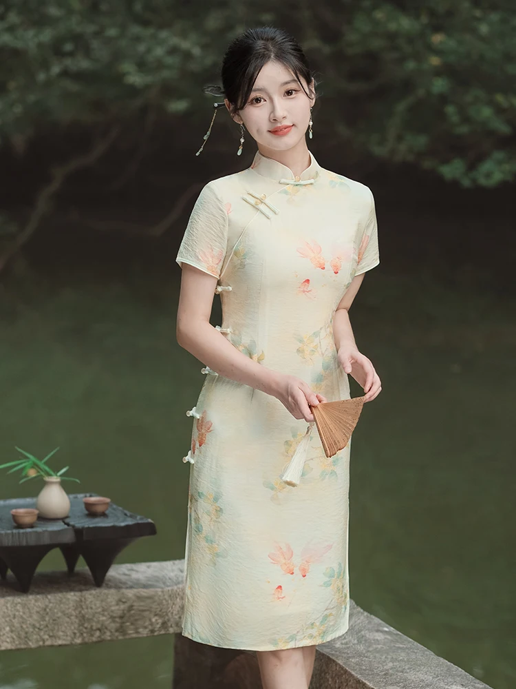 

Винтажное платье-ципао Ele с цветочным принтом, высокое качество, для повседневной носки, с низким разрезом, коротким рукавом, средней длины, для женщин