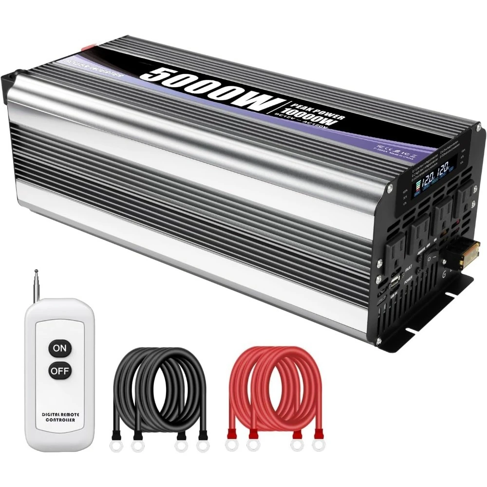 5000W Power Inverter 12V to 110V DC to AC with LCD Display, Remote Controller and 4 x AC Outlets Car Adapter for Car Truck
