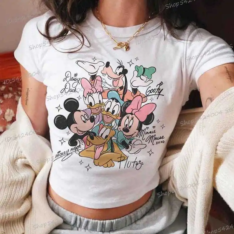 

Fashion Mickey Minnie Donald Duck Print T Shirt Cartoon Fantasmic Women Crop Top Short Sleeve O Neck Girls Cotton Crop T-shirts