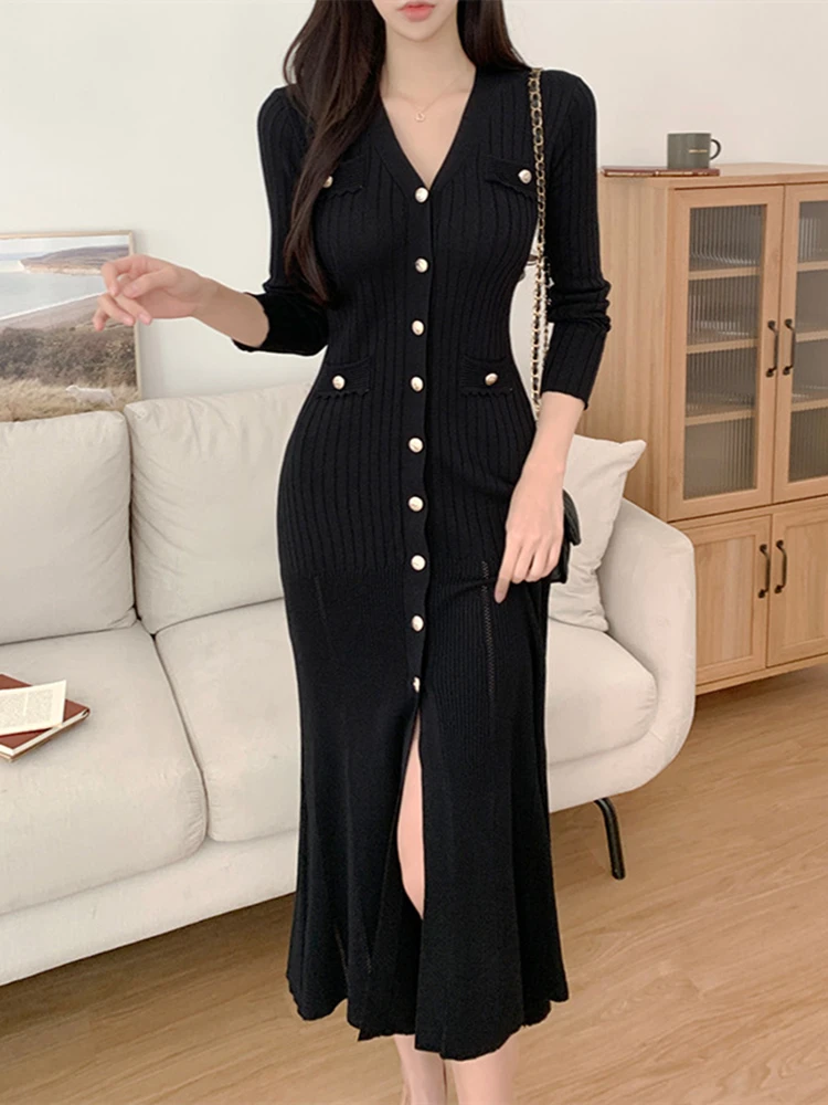 Vestido Midi de verano de punto para mujer, traje negro ajustado, estilo coreano, con volantes, elegante e informal, a la moda, 2024