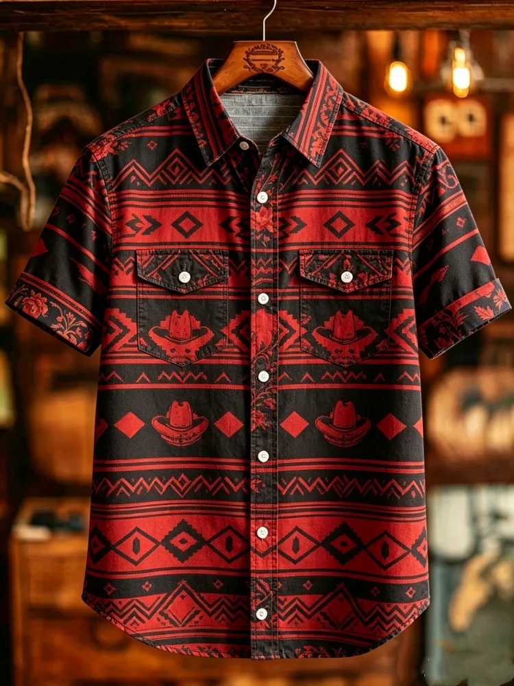 

Mens Printed Shirt Double Pocket Turn Down Collar Red Black Cowboy Western Short Sleeve Summer Casual Shirt