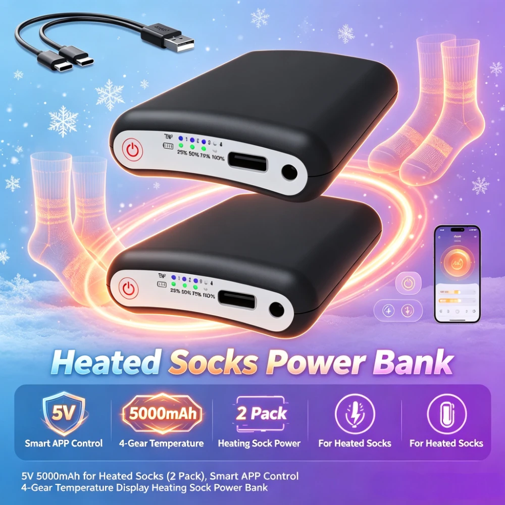 5V 5000mAh Rechargeable Battery for Heated Socks (2 Pack), Smart APP Control 4-Gear Temperature Display Heating Sock Power Bank