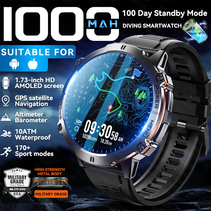 

New TRex3 Military Grade 1000mAh Ultra Large Battery Smart Watch Men GPS Altimeter 10ATM Waterproof Bluetooth Call HD Smartwatch