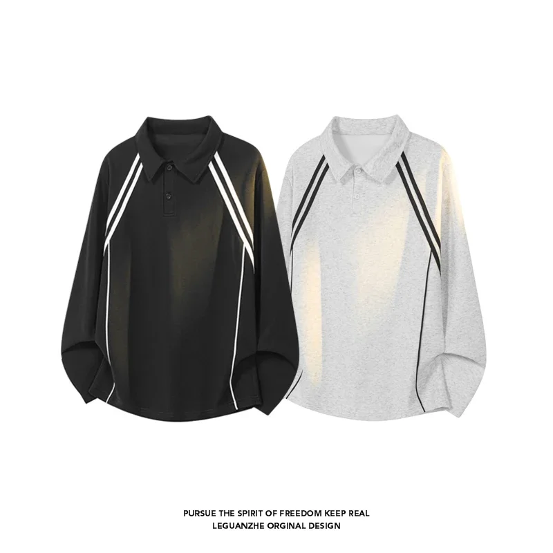 Striped Panel Splicing Long Sleeve Polo Shirt For Men Lapel Collar Loose Fit Sport Style Daily Basic Tops view 5