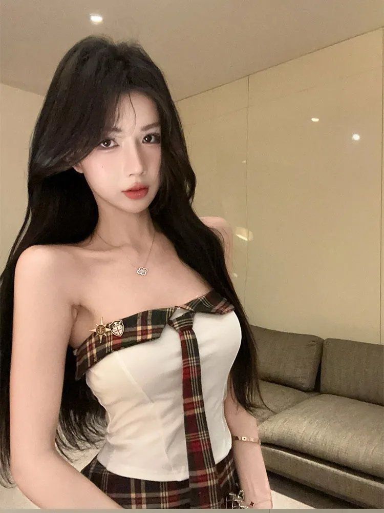 

Sexy Pure Desire Plaid Dress Women's Set Spring Summer Slimming Short Skirt Two Piece Set Korean Style Commute Wear