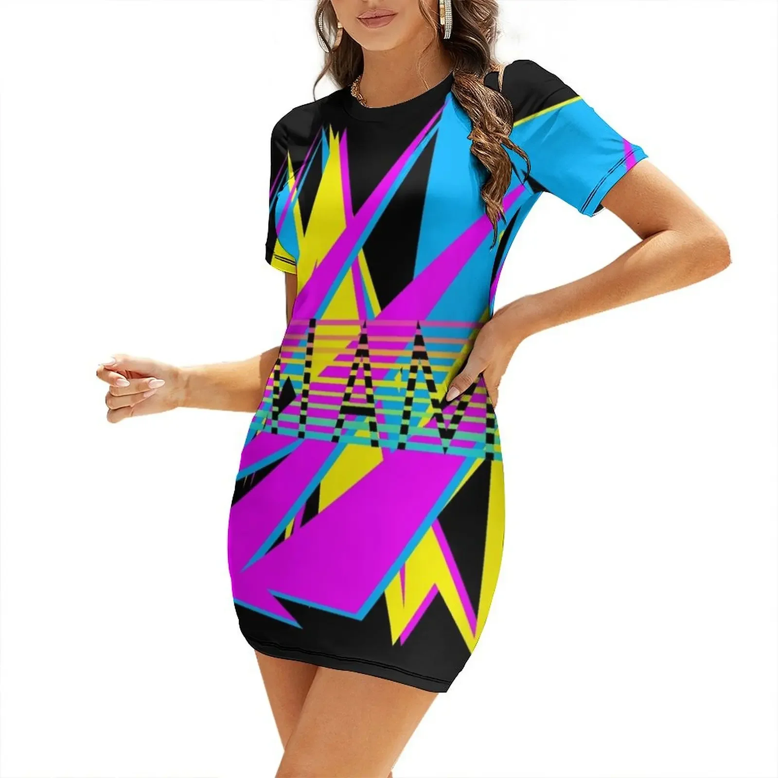 

Miami 80s Sharp Neon Colors Retrowave edition Short-Sleeved Dress luxury evening dresses for women 2026 clothes for women