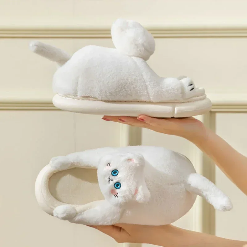 ผู้หญิงรองเท้าแตะแมวการ์ตูน Furry น่ารักรองเท้าแตะผ้าฝ้ายฤดูหนาวใหม่ Soft Sole หนาคู่ Plush คอสเพลย์รองเท้า 2025