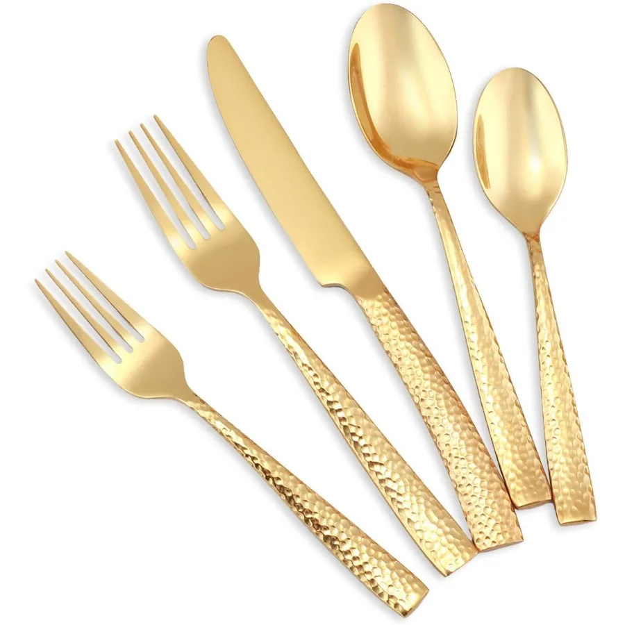 

Silverware Set Flatware Set Gold Hammered Handle Cutlery Set Stainless Steel Shiny Mirror Polished Brass 20 Pieces Dishwasher S