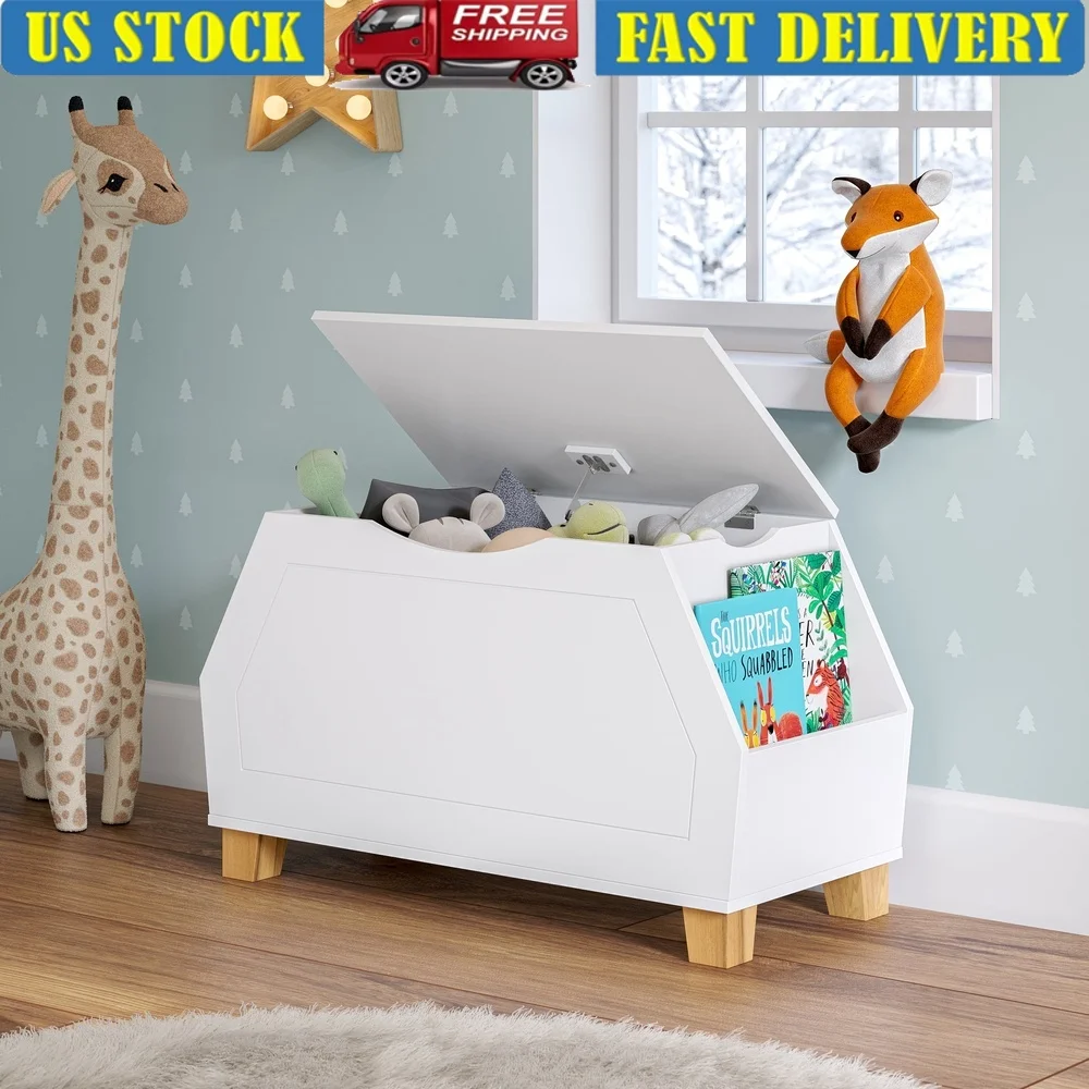 

Kids Toy Storage Organizer Chest with Bookshelves Child Safe Design Modern Durable MDF Pine Wood White Finish