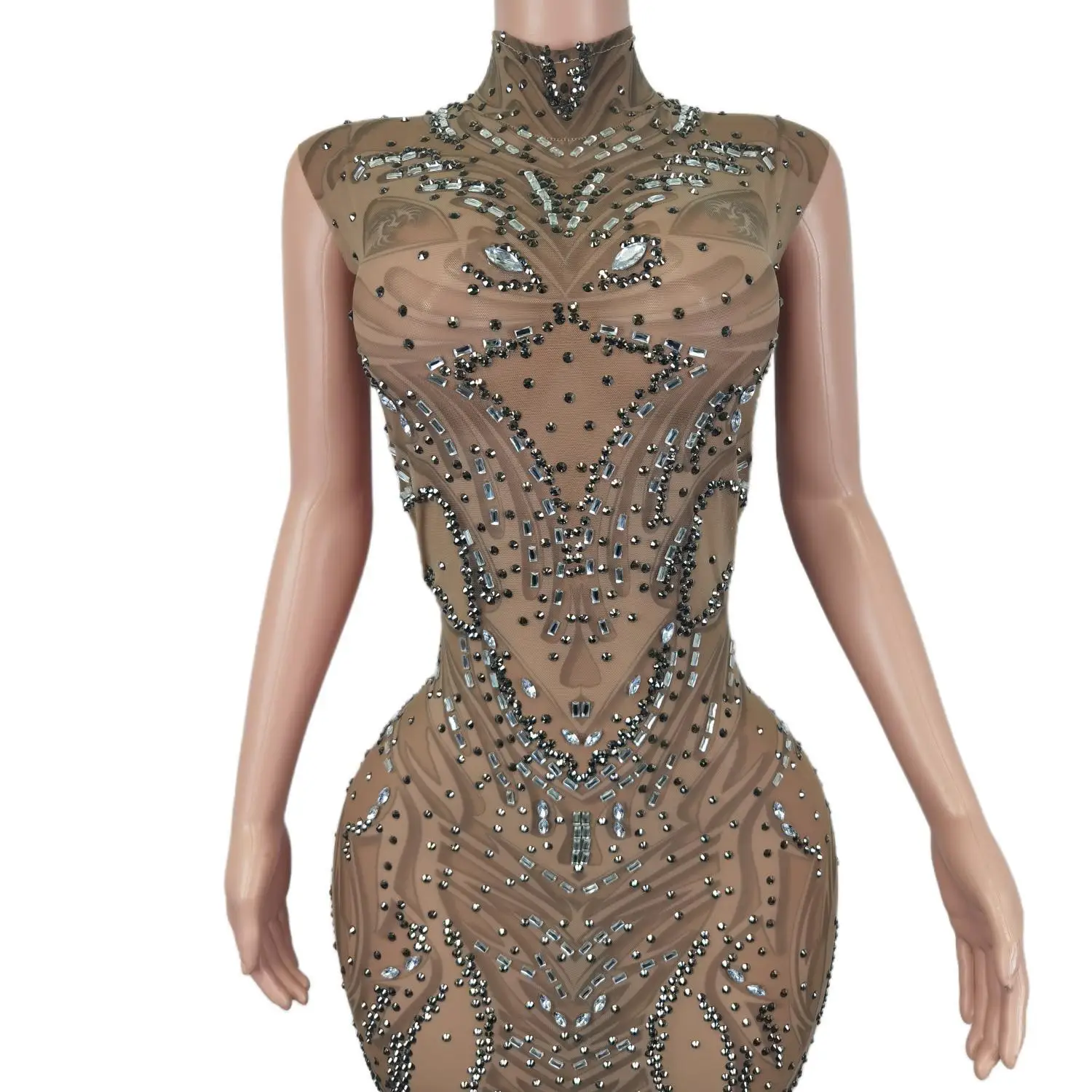 Vestido curto sem mangas com strass brilhantes para mulheres, cantor de celebridades, vestido transparente sexy, traje de festa de aniversário,