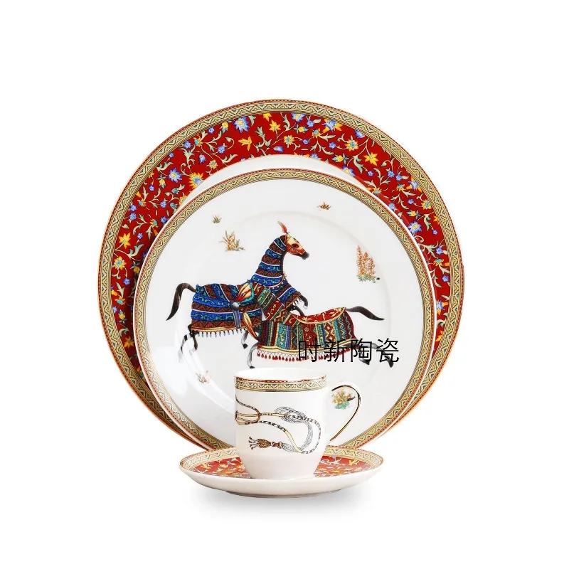 أطباق عشاء سيراميك منزلية على الطراز الأوروبي، أطباق شرائح لحم الطعام الغربي، فنجان القهوة، أطباق مسطحة للإفطار