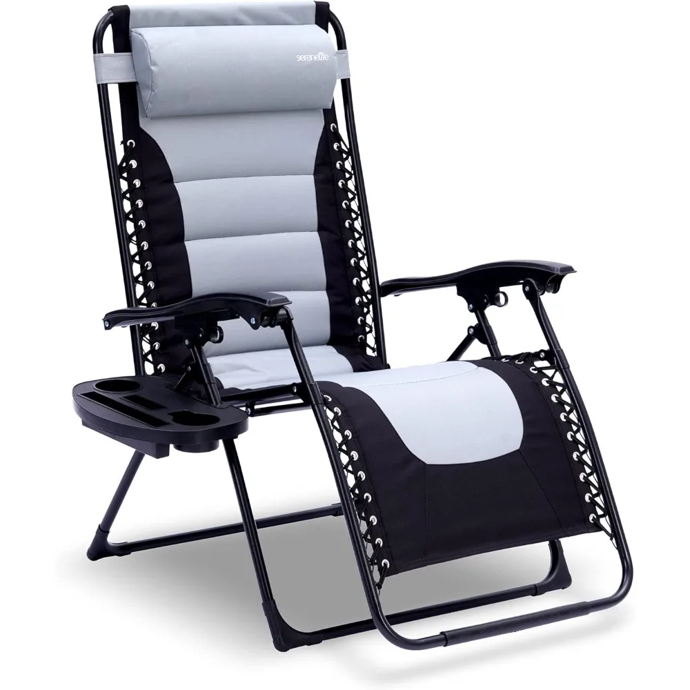 5 Outdoor Foldable Padded Zero Gravity Lawn Chair-Adjustable Recliners with Plastic Cup Holder Side Table and Pillow