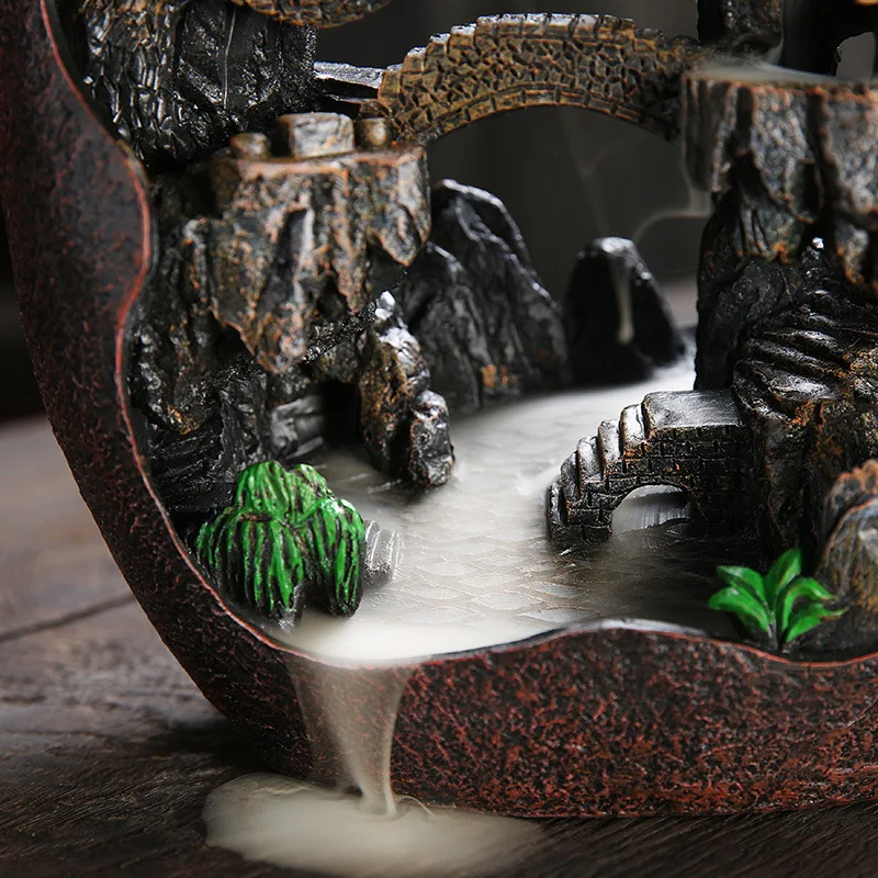 Mountain Landscape Resin Backflow Incense Burner Elegant Large Desktop Home Ornament