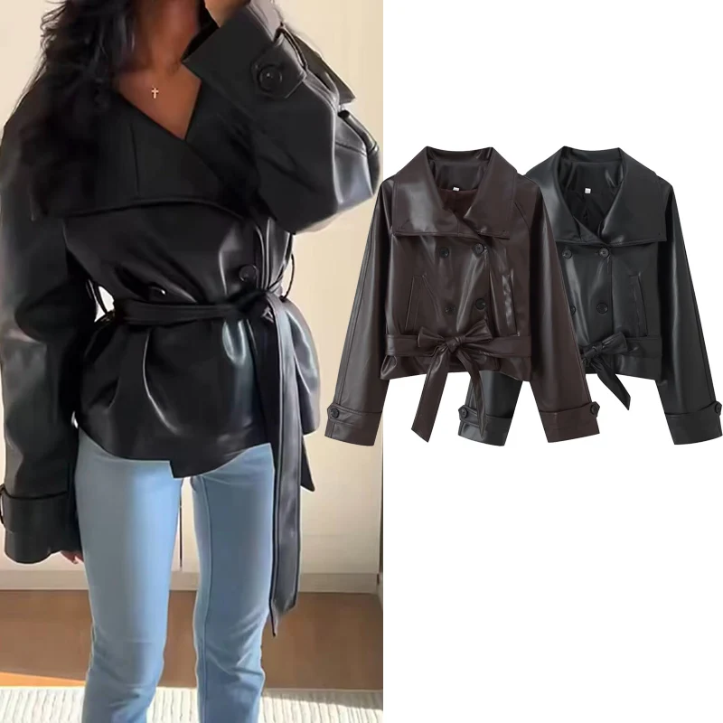 

Autumn Winter Turn-down Collar Long Sleeve Double Breasted Jacket Coat Women Belted Lace-Up Short Leather Top Female Casual Wear