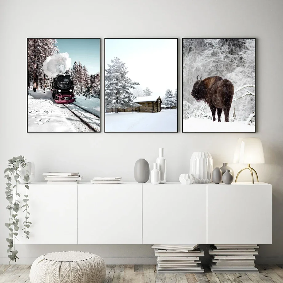 Winter Snow Forest Pine Highland Cattle Wall Art Canvas Painting Nordic Posters And Prints Wall Pictures For Living Room Decor