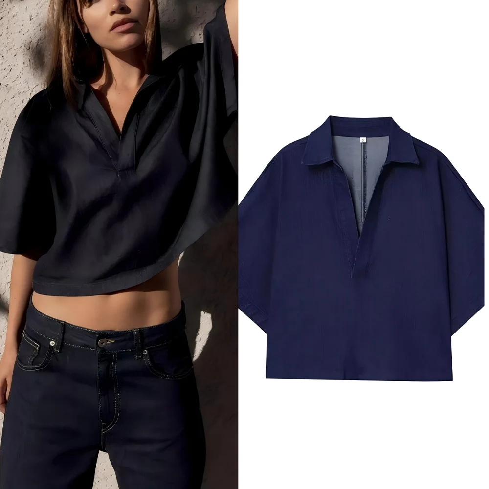 

Women's 2025 new fashion polo shirt collar casual versatile denim shirt retro short sleeved women's shirt chic top