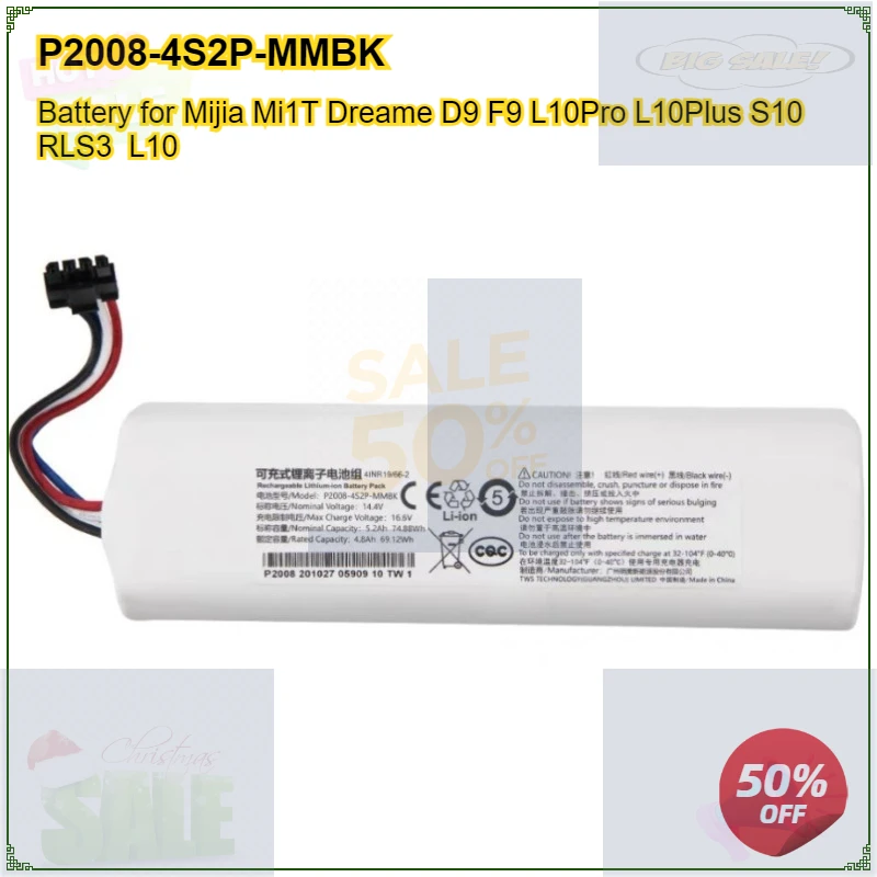 

Lithium Ion Battery Pack P2008-4S2P-MMBK for F9 D9 L10Pro L10Plus S10 RLS3 L10 P2008 4S2P-MMBK for Mijia Mi 1T Sweeping Robot