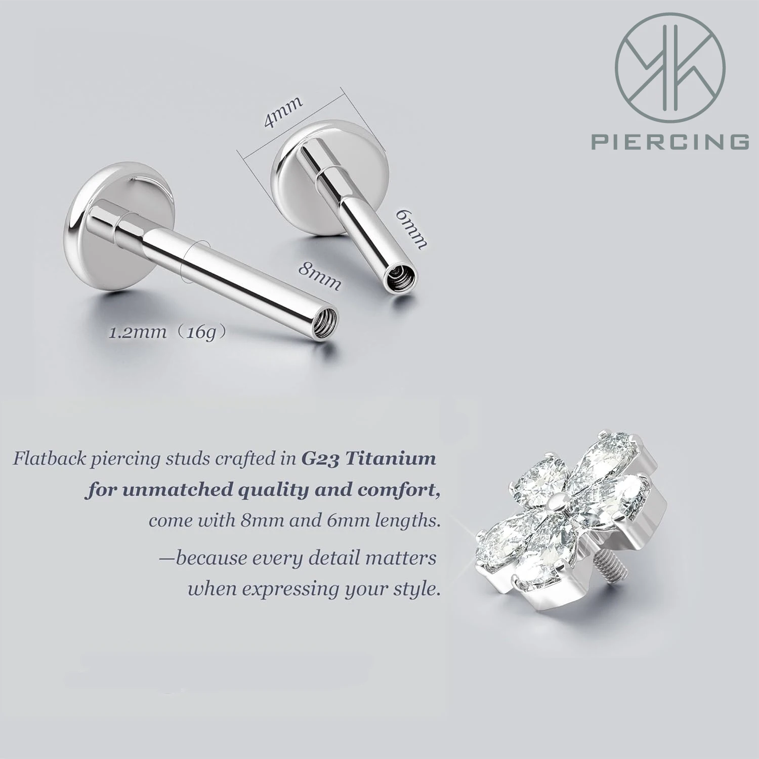 18G 16G Stud Earrings Flat Back G23 Titanium Internal Thread Cartilage for Women Hypoallergenic CZ Stud Piercing Jewelry