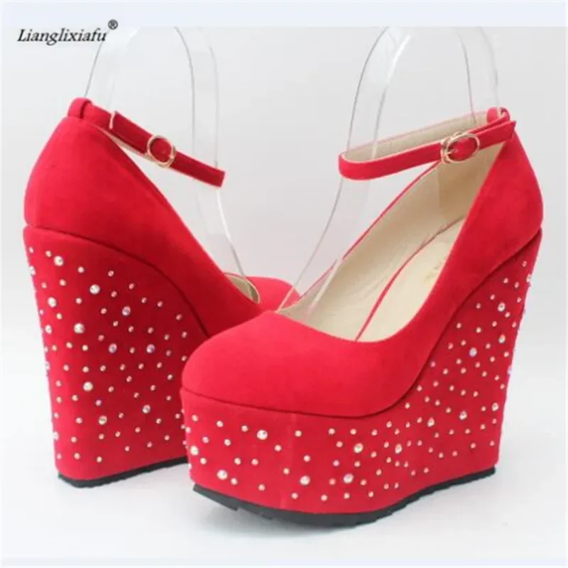 LLXF Small Yards:30 31 32 33 Plus:42 43 Sweet Abiball Shoes Woman 15cm Wedges Rhinestone Zapatos Mujer Platforms Nightclub Pumps