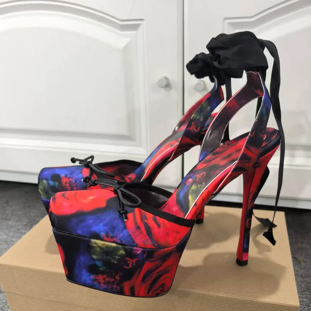 

Platform Slingback Lace Up Sandals Sexy Square Toe Thin Heel Mixed Colors New Arrivals Fashion Women Runway Shoes