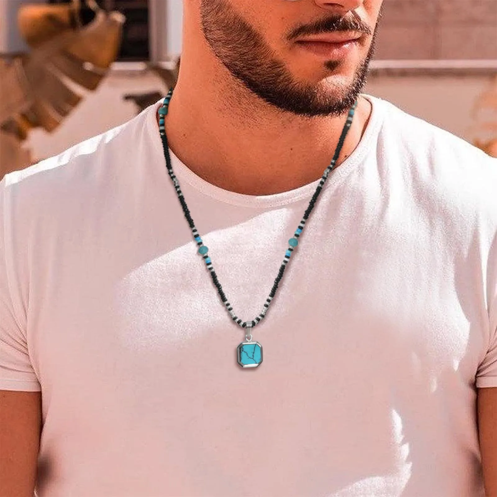 Vnox Boho Necklaces for Women Men, Geometric Square Natural Stone Pendant, Adjustable Blue Beads Chain, Ethnic Tribal Collar