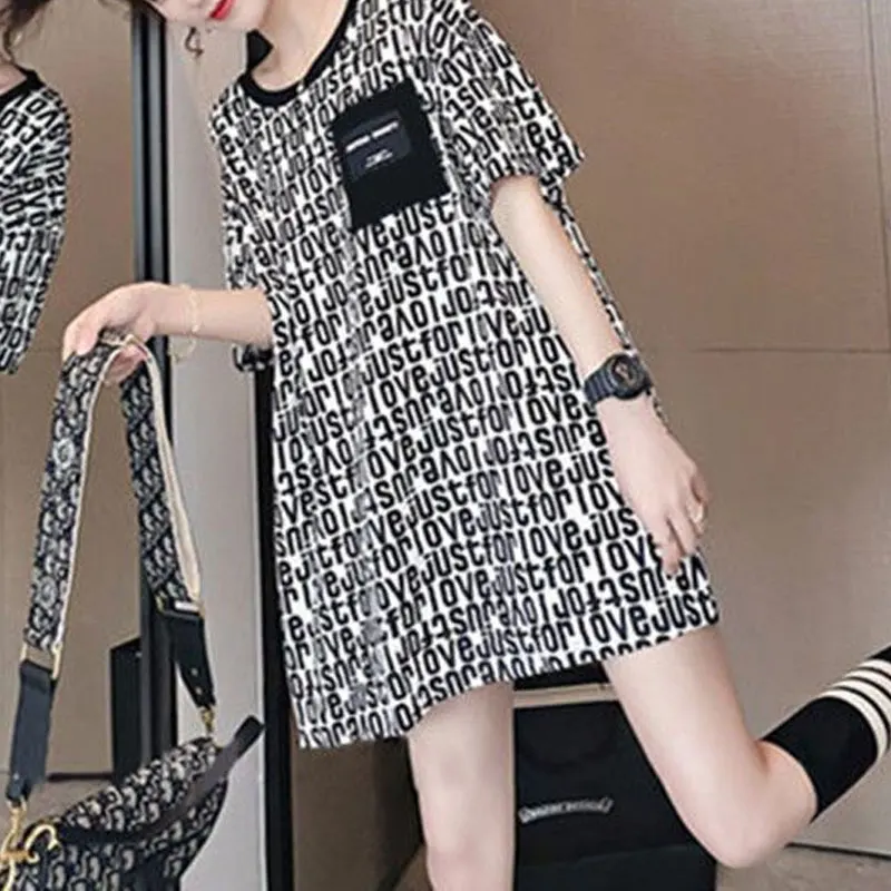 

Футболка из двух предметов, сращенная женская одежда, шикарные летние повседневные пуловеры с буквенным принтом и карманами, корейские свободные миди с открытой спиной