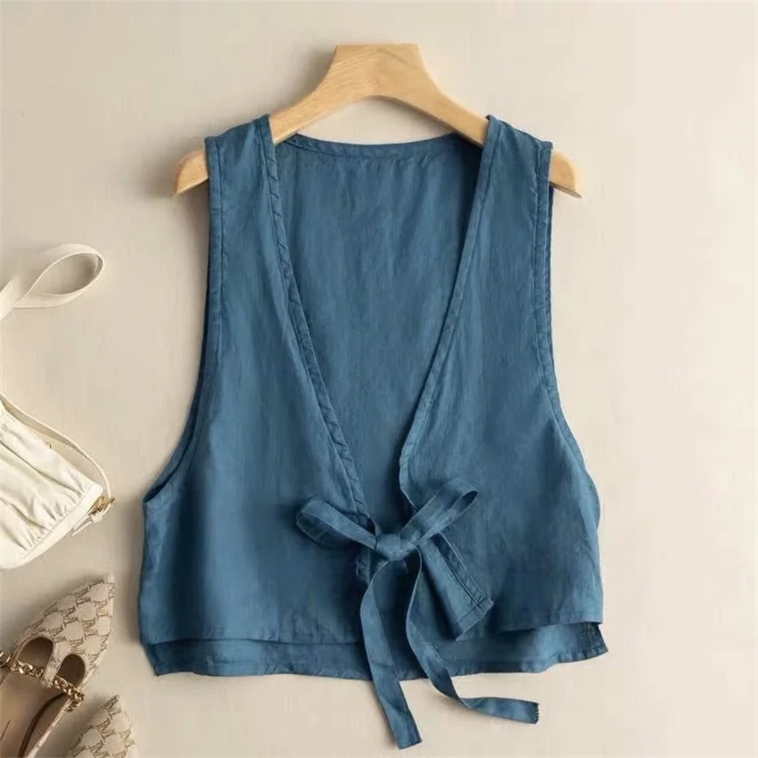 2023 New Women Cotton and Linen Vest Fashion Lady Solid Vests Big Size Slim Female Sleeveless Coat Jackets Short Paragraph 2237