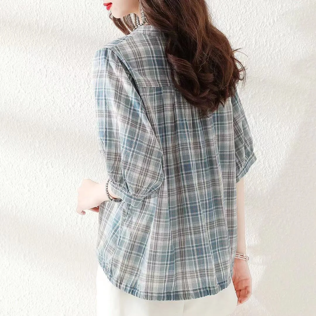 Woman Summer Style Blouses Tops Lady Casual V-Neck Short Sleeve Striped Printed Blusas Tops DF4537