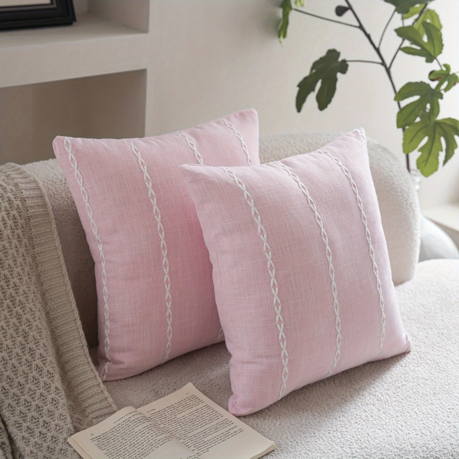 Set of 2 Modern Luxury Geometric Line Embroidered Pillow Covers in Soft Pink And White, Featuring an Invisible Zipper Design