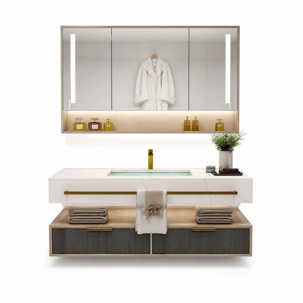 Bathroom Vanity with Single/Double Sink, Modern LED Defog Mirror Cabinet, Wall Mounted Vanity Set, 36 Inch, White Finish