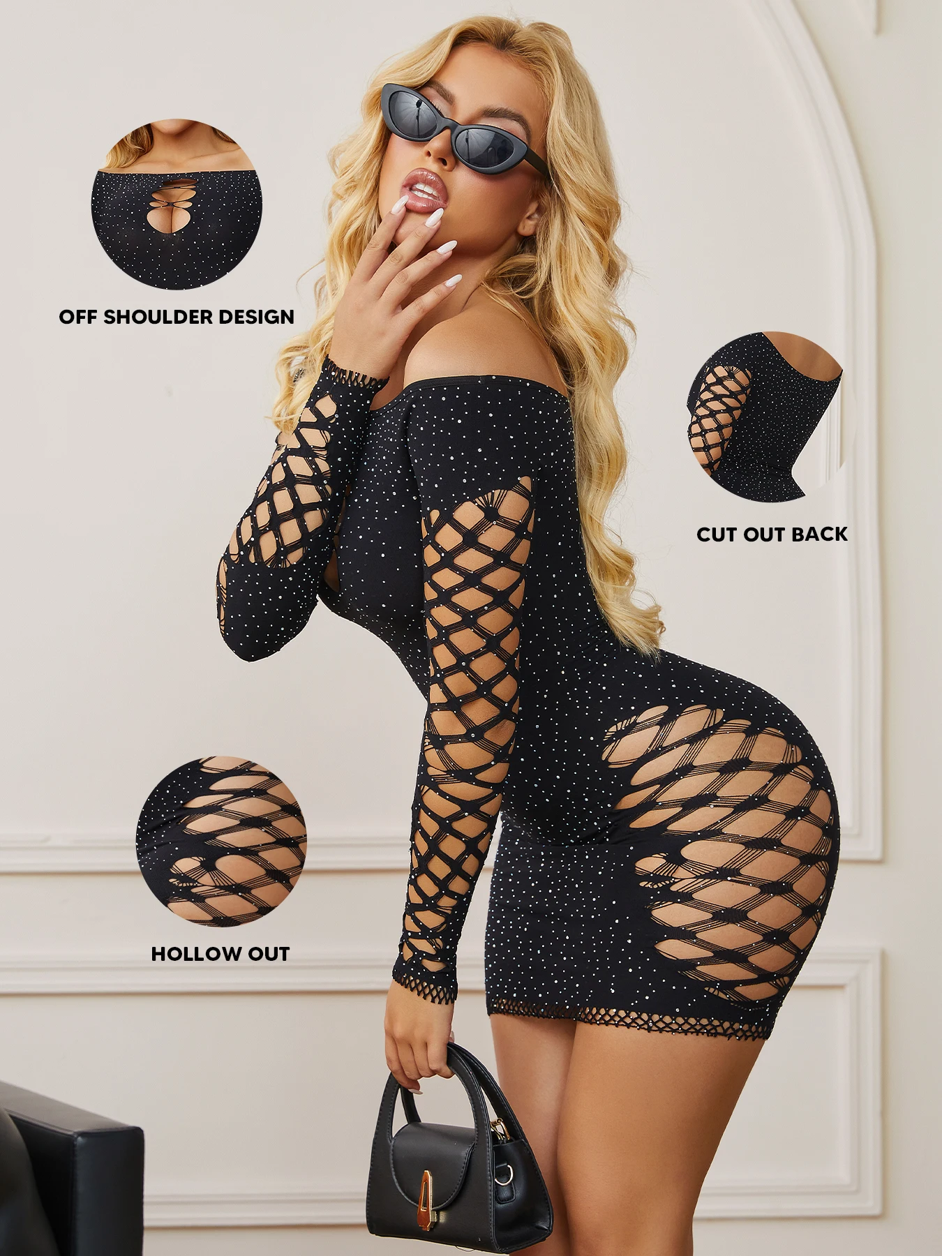 Vestido negro brillante con un hombro y diamantes de imitación para mujer, vestido recortado de manga larga, ceñido al cuerpo, elástico, Sexy, para fiesta nocturna y cita