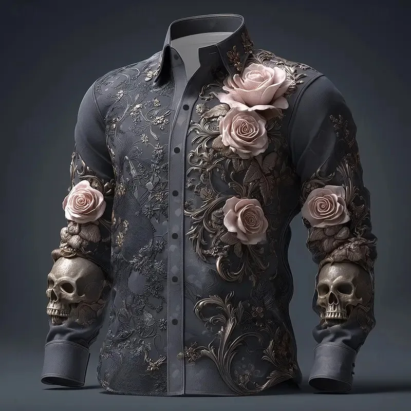 Kemeja Lengan Panjang Pria Motif Bunga Hari Orang Mati dengan Tengkorak Kemeja Musim Gugur Streetwear Kasual Nyaman Poliester Slim Fit