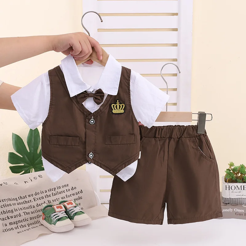 New Summer Baby Clothes Children Boys Preppy Style Outfits Kids Crown Logo Fake Two T-shirts+Shorts 2Pcs/Sets Toddler Costume