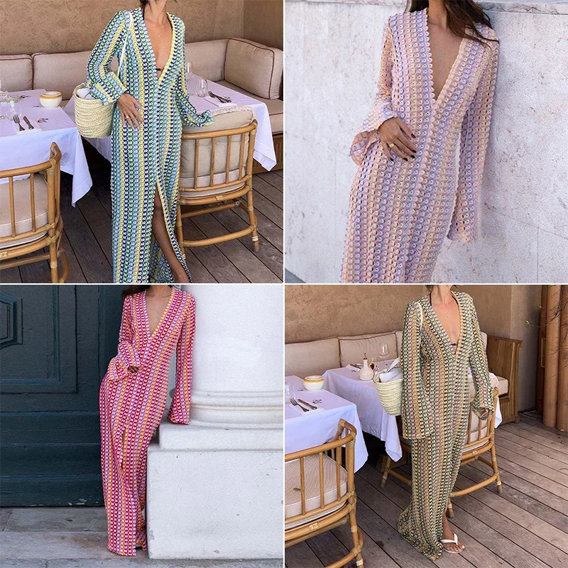 NMZM new beach banquet vest crochet colored striped long dress women's trumpet sleeve V-neck high opening sexy lace long dress