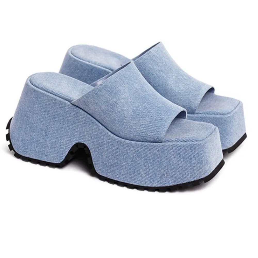 

High Heel Slippers Women 2025 Summer New Thick Sole Slope Heel Fashion Outside Open Toe Square Head Sandals Women's Shoes