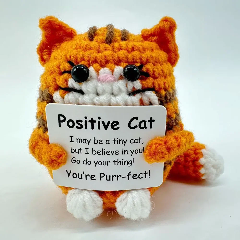 Muñeco de gato con soporte emocional de ganchillo divertido, adorno de escritorio con tarjeta, muñecos de gato tejidos a mano, regalos de Navidad, decoración del hogar