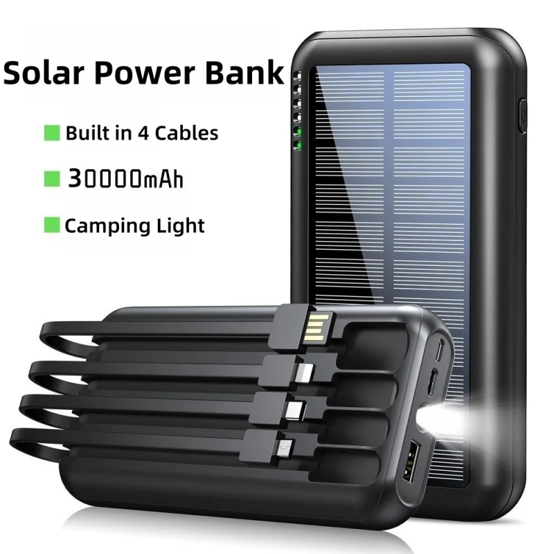 30000mAh Solar Power Bank USB C Portable Charger for iPhone 15 Xiaomi Samsung Powerbank Built in 4 Cable External Battery Pack