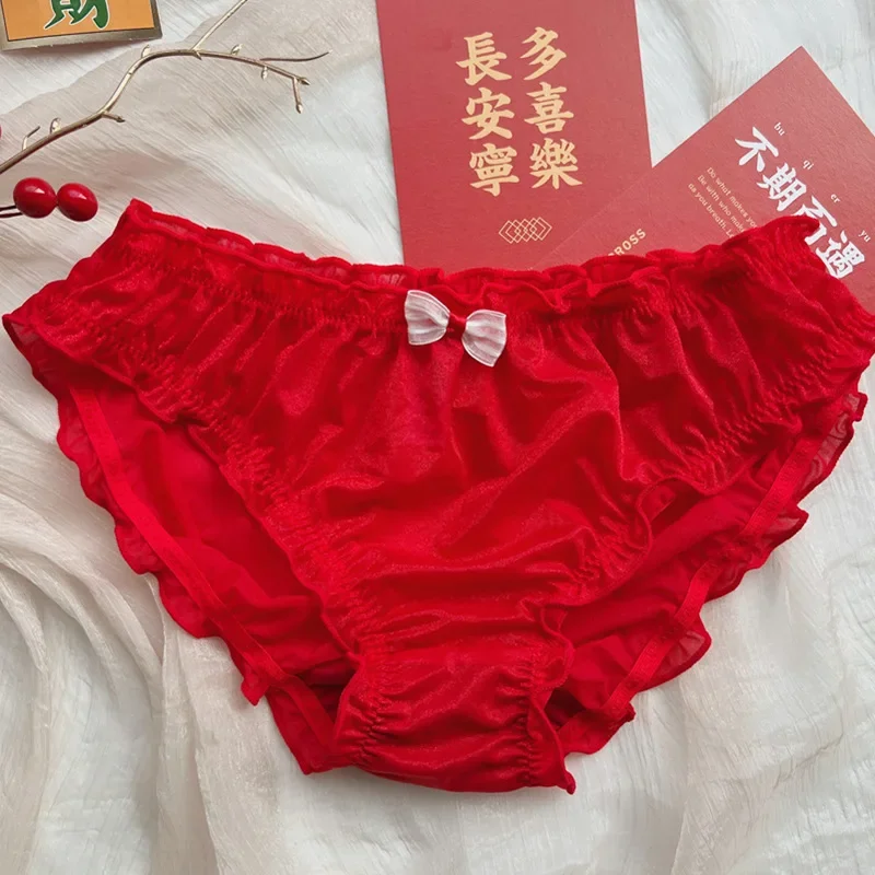 Red Bow Wave Point Perspective Ladies Underwear Sexy Lace Mid-waist Girl Lolita New Women\'s  Fungus Edge  Panties Loli Mini