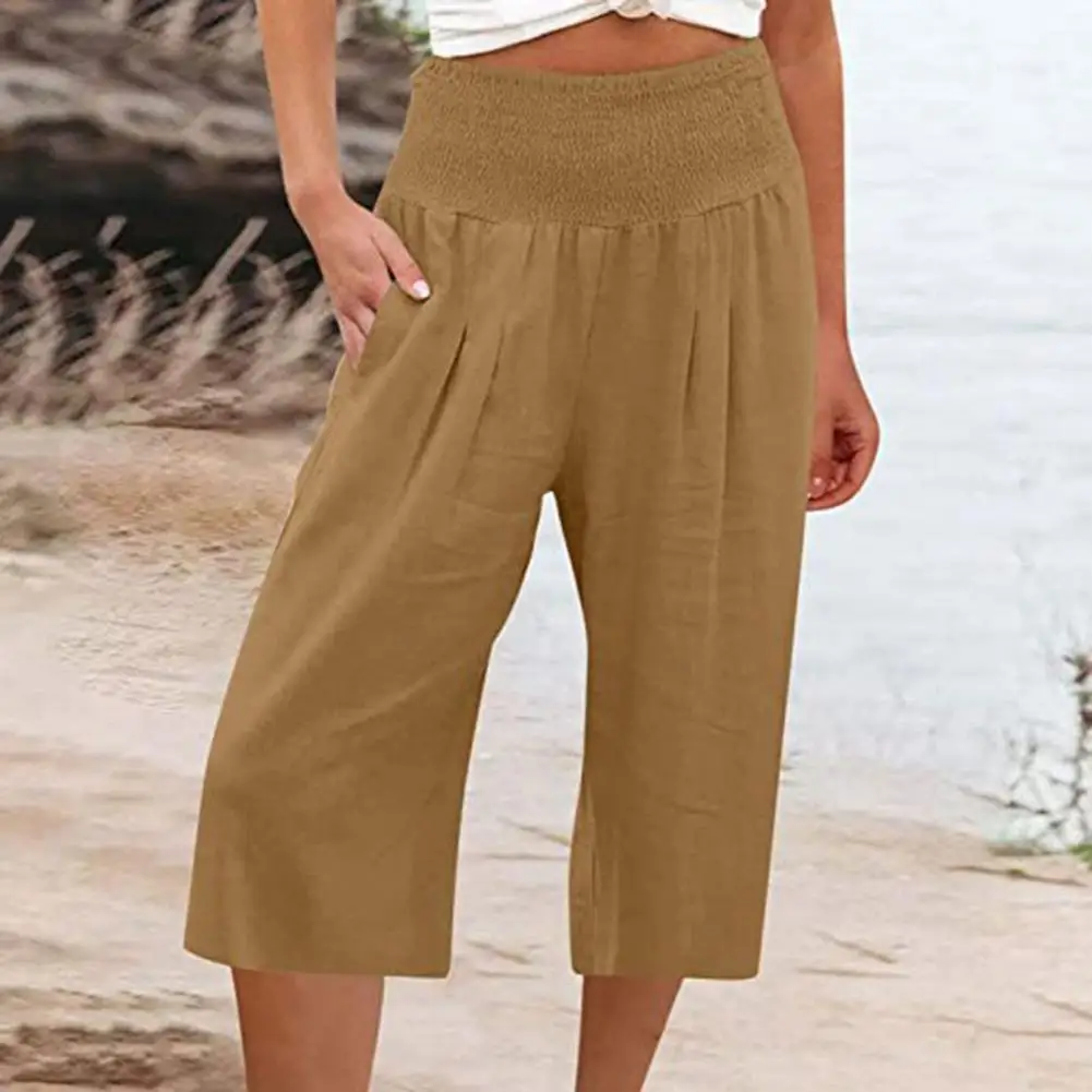 

Women Cropped Pants Wide-leg Pants Wide Leg Cropped Pants Elastic Waistband Solid Color Trousers with Pockets Lightweight High