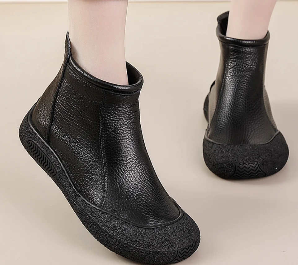 Leather Flats Women Ankle Boots Designer Retro Zipper Shoes 2026 Trend New Brand Soft Oxford Shoes Cozy Winter Botas De Mujer