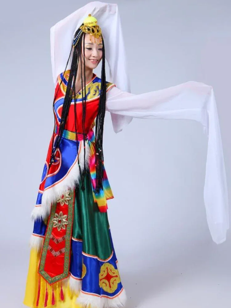 Trajes de dança tibetana chinesa tradicional feminino dança nacional palco desempenho clássico mongol traje festival outfit