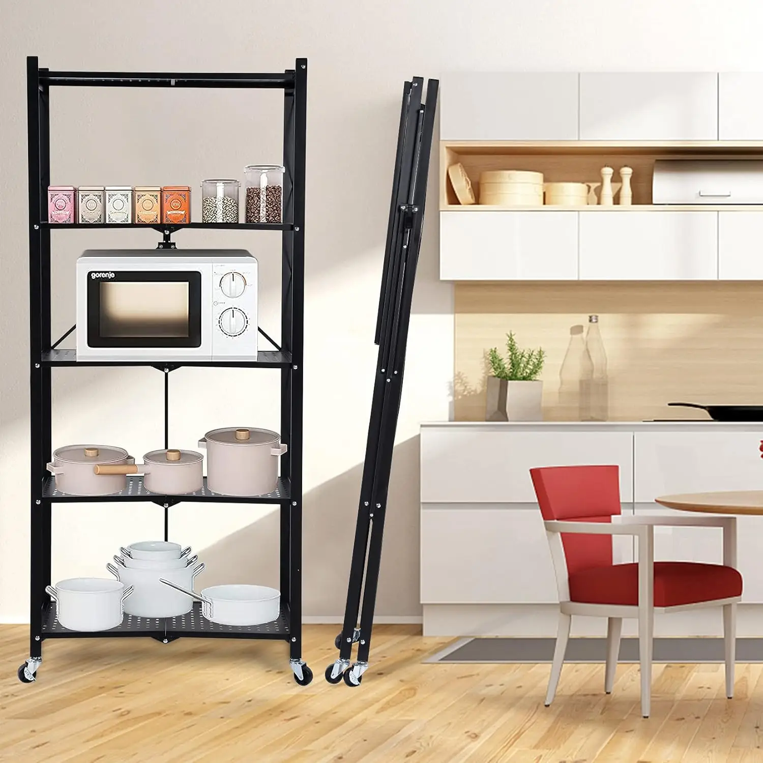 5-Tier Heavy Duty Foldable Metal Rack Storage Shelving Unit with Wheels Moving Easily Organizer Shelves Great for Garage Kitchen