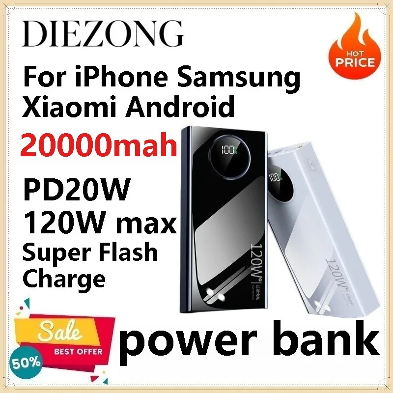 

20000mAh Large Capacity 120W Max PD Quick Charge Powerbank Digital Screen Portable Charger for IOS Android Phones