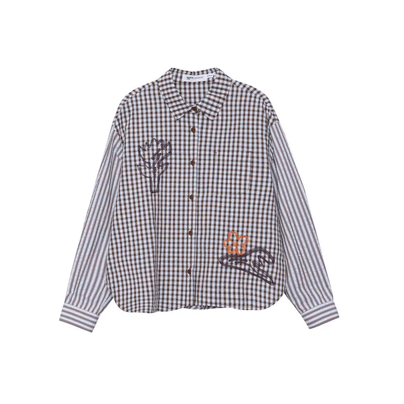 MOVEUP Women's 100% Cotton Turn‑down Collar Shirt 2026 Autumn Plaid Stripe Splice Embroidery Casual Commuter Tops 3ELC20410