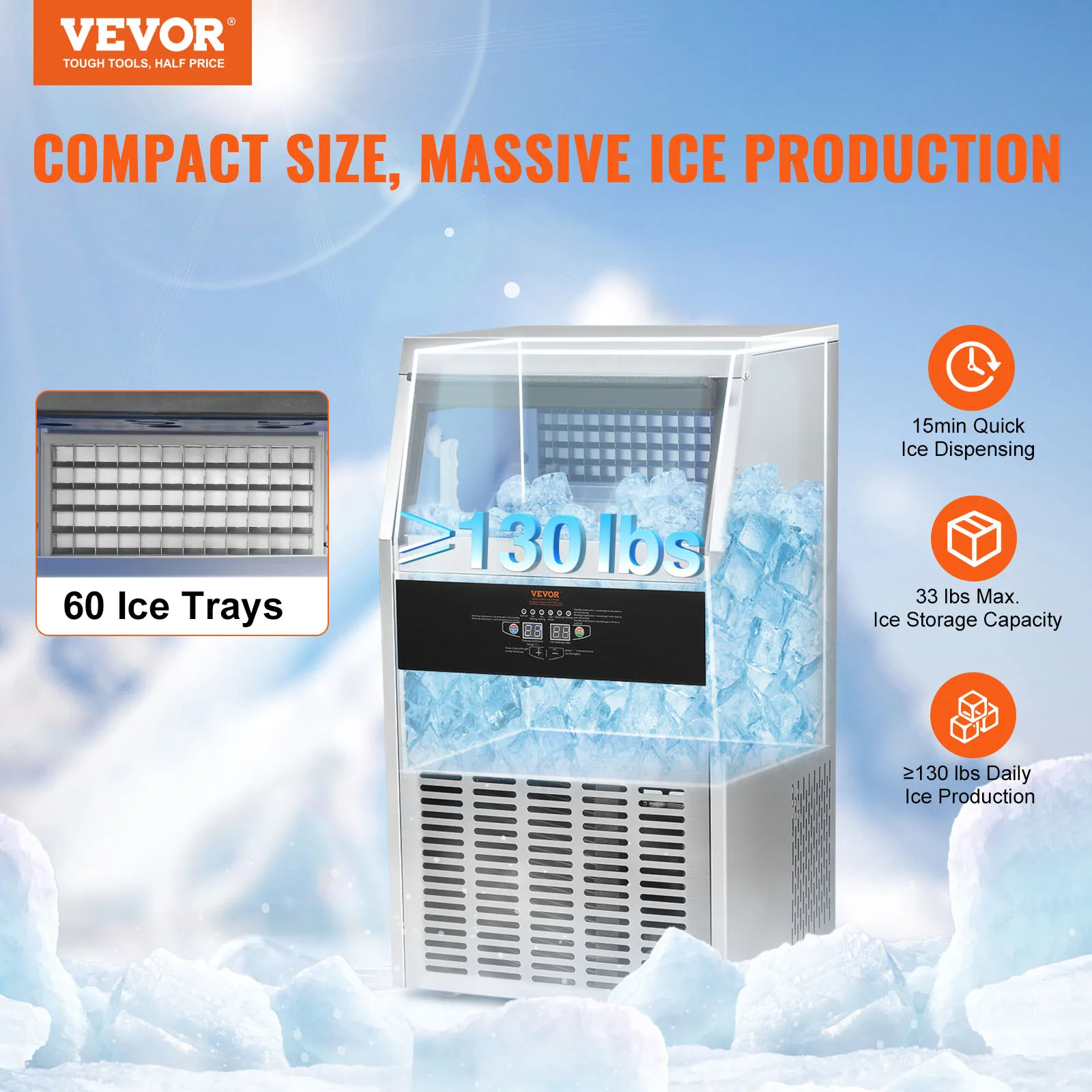 VEVOR-Commercial Autoportante Ice Maker, Gabinete Ice Maker, 33lbs Capacidade de Armazenamento, 60 Cubos em 12-15 Minutos, 130lbs/24H