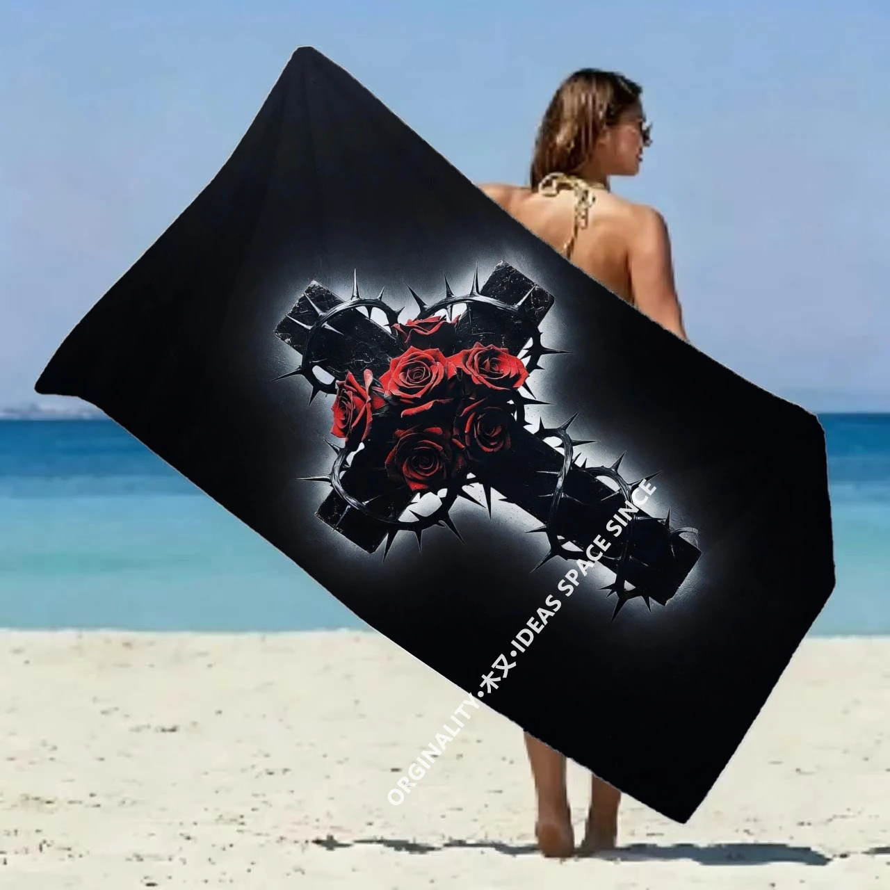 Gothic Rose Cross Thorn Beach Towel Patterned Sunscreen And Windproof Suitable For Swimming Pool Camping Travel Blanket